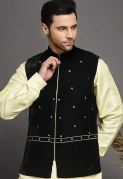 Embroidered Velvet Nehru Jacket in Black