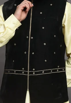 Embroidered Velvet Nehru Jacket in Black
