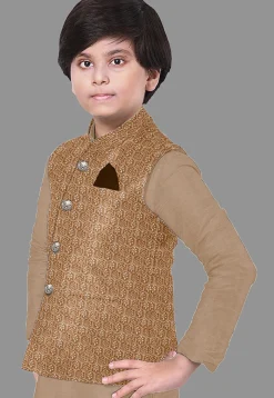 Embroidered Velvet Nehru Jacket in Beige
