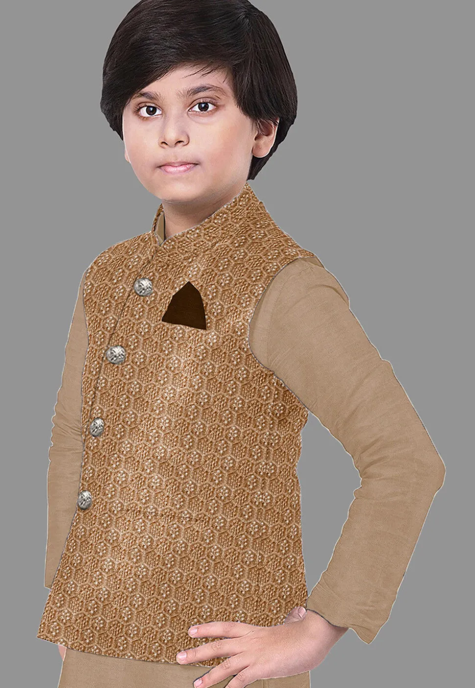 Embroidered Velvet Nehru Jacket in Beige