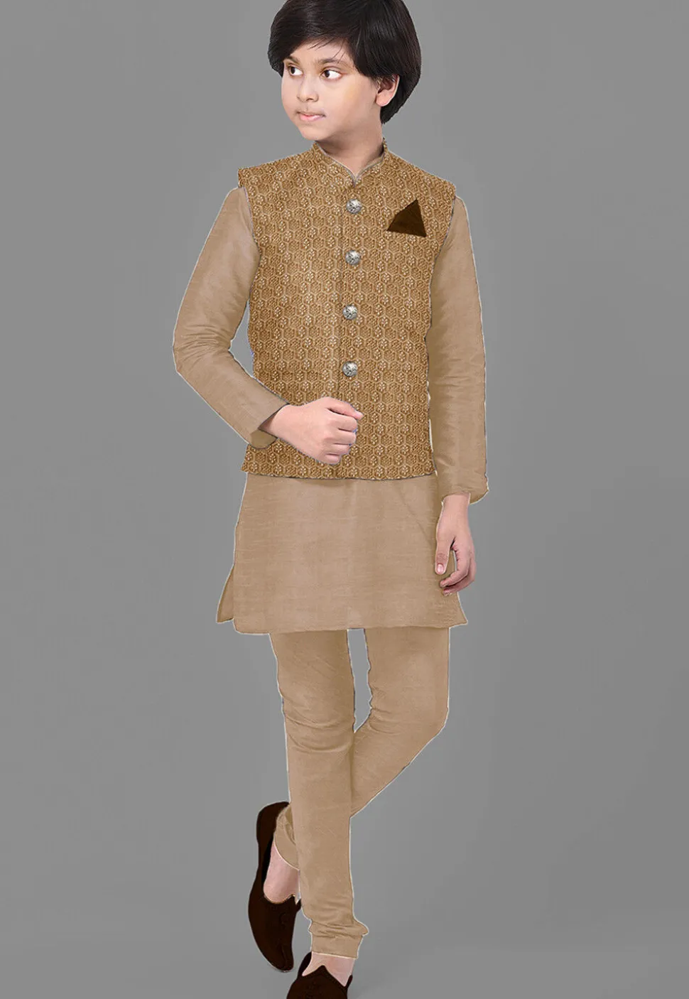 Embroidered Velvet Nehru Jacket in Beige