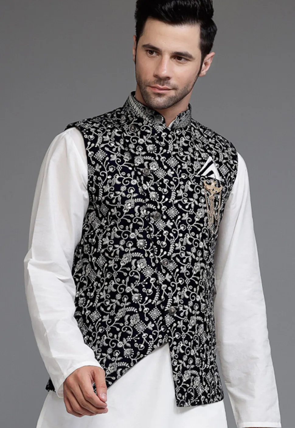 Embroidered Velvet Nehru Jacket in Navy Blue