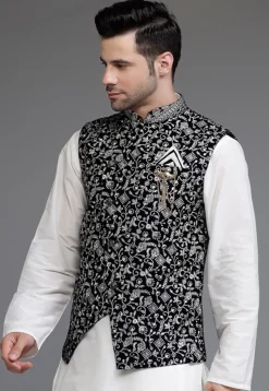 Embroidered Velvet Nehru Jacket in Navy Blue