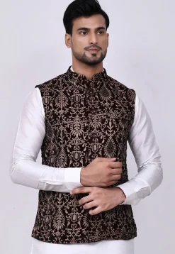 Embroidered Velvet Nehru Jacket in Maroon