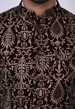 Embroidered Velvet Nehru Jacket in Maroon