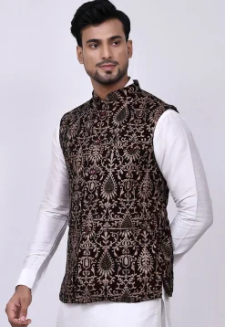 Embroidered Velvet Nehru Jacket in Maroon
