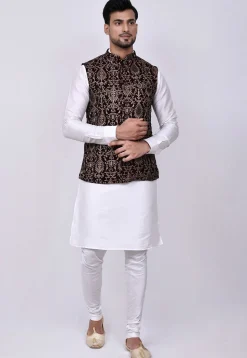 Embroidered Velvet Nehru Jacket in Maroon