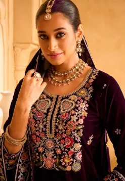 Embroidered Velvet Pakistani Suit in Violet
