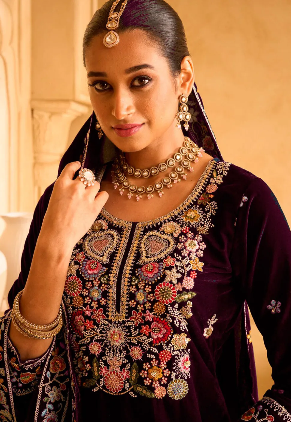Embroidered Velvet Pakistani Suit in Violet
