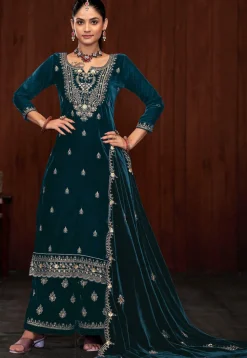 Embroidered Velvet Pakistani Suit in Teal Blue