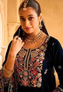 Embroidered Velvet Pakistani Suit in Blue