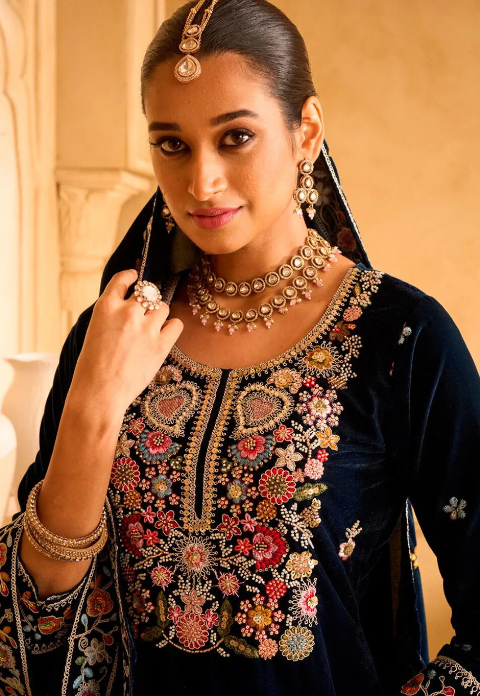 Embroidered Velvet Pakistani Suit in Blue