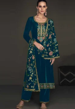 Embroidered Velvet Pakistani Suit in Teal Blue