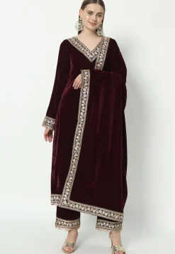 Embroidered Velvet Pakistani Suit in in Wine