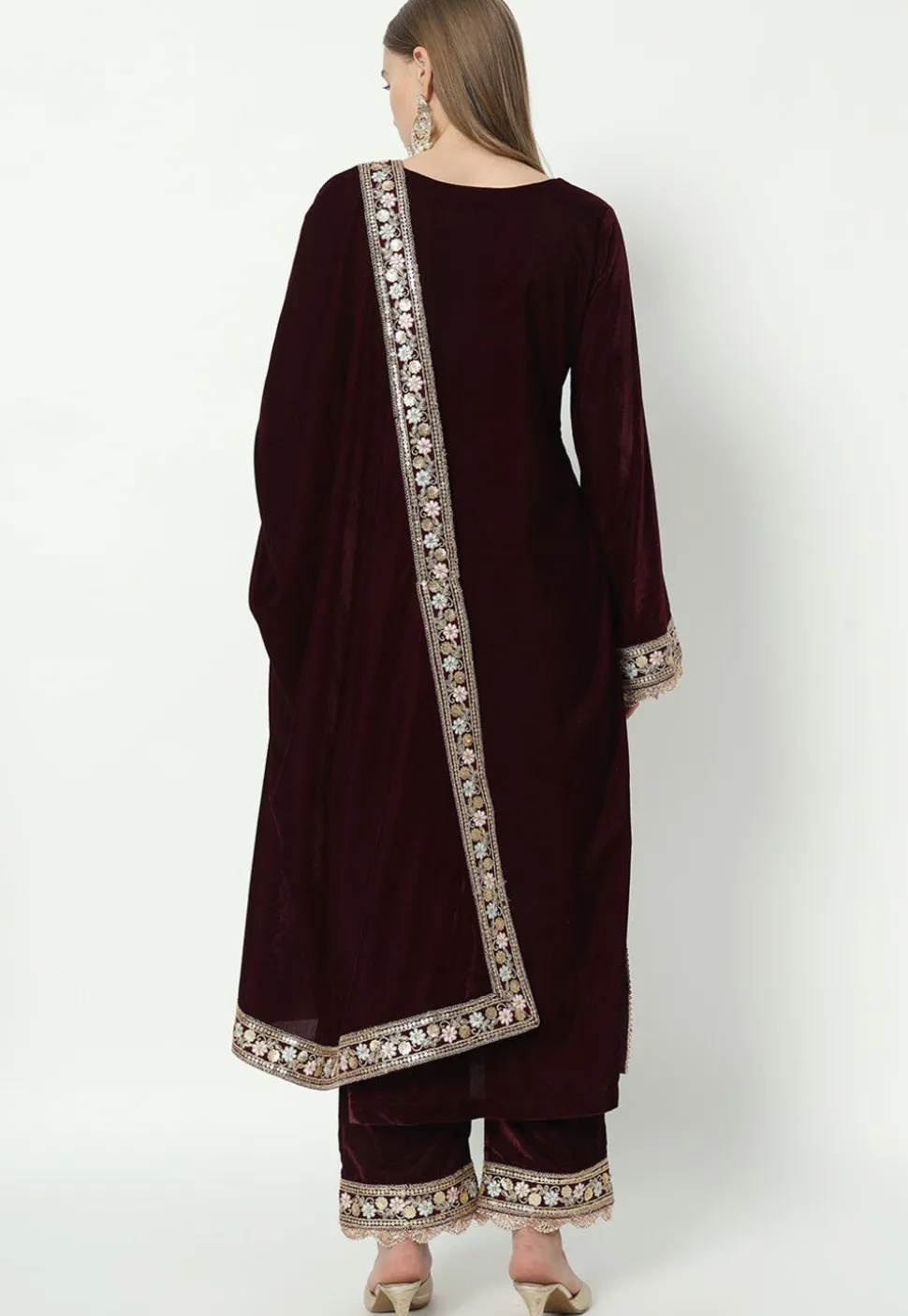 Embroidered Velvet Pakistani Suit in in Wine