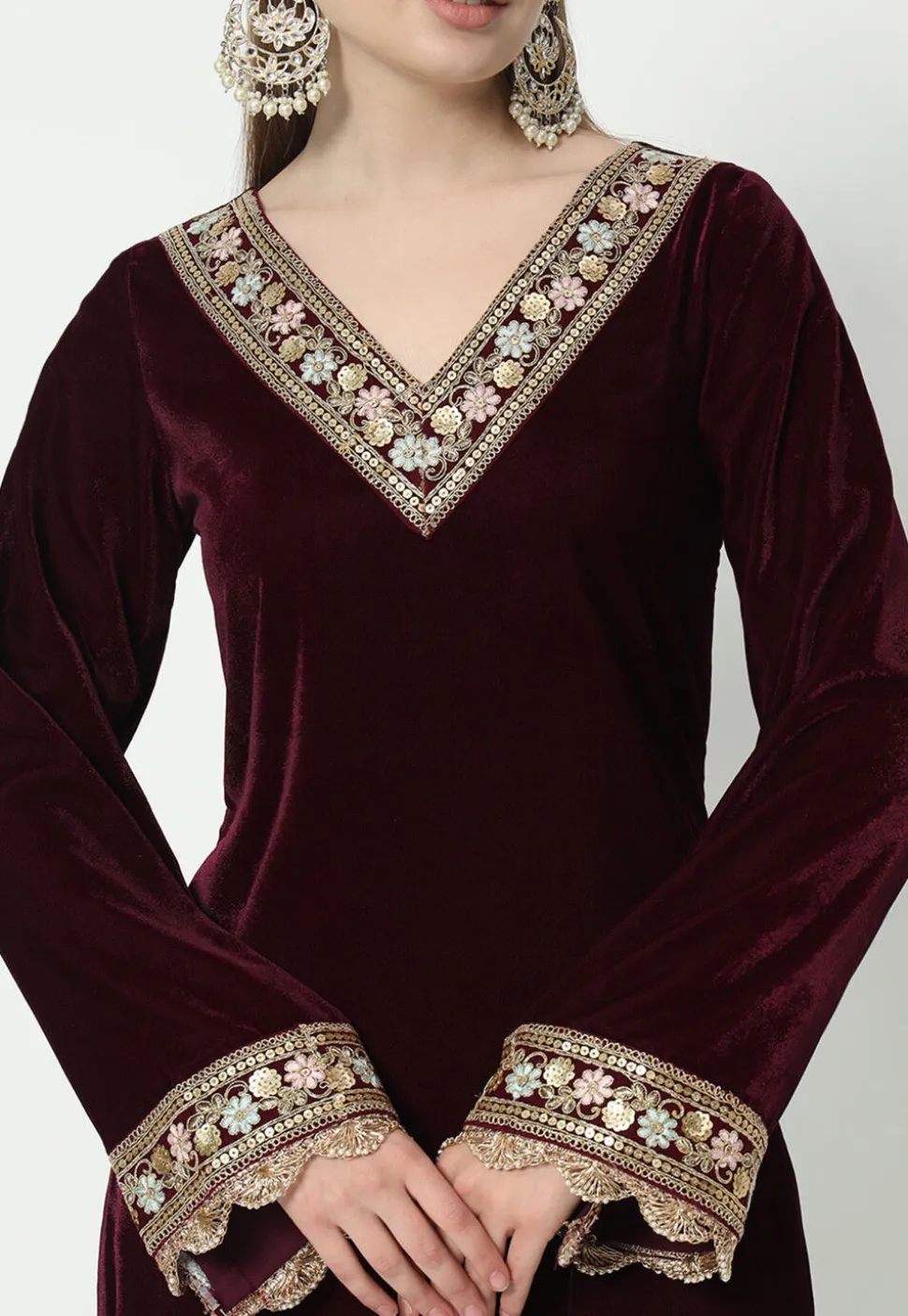 Embroidered Velvet Pakistani Suit in in Wine