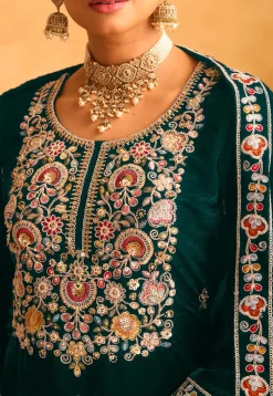 Embroidered Velvet Pakistani Suit in Teal Green
