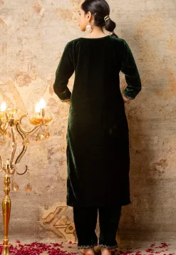 Embroidered Velvet Pakistani Suit in Dark Green