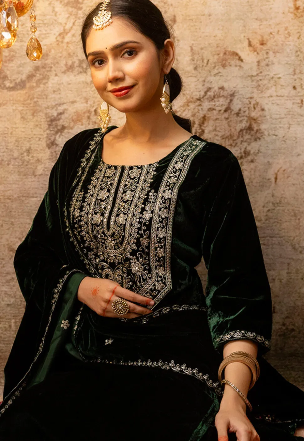 Embroidered Velvet Pakistani Suit in Dark Green