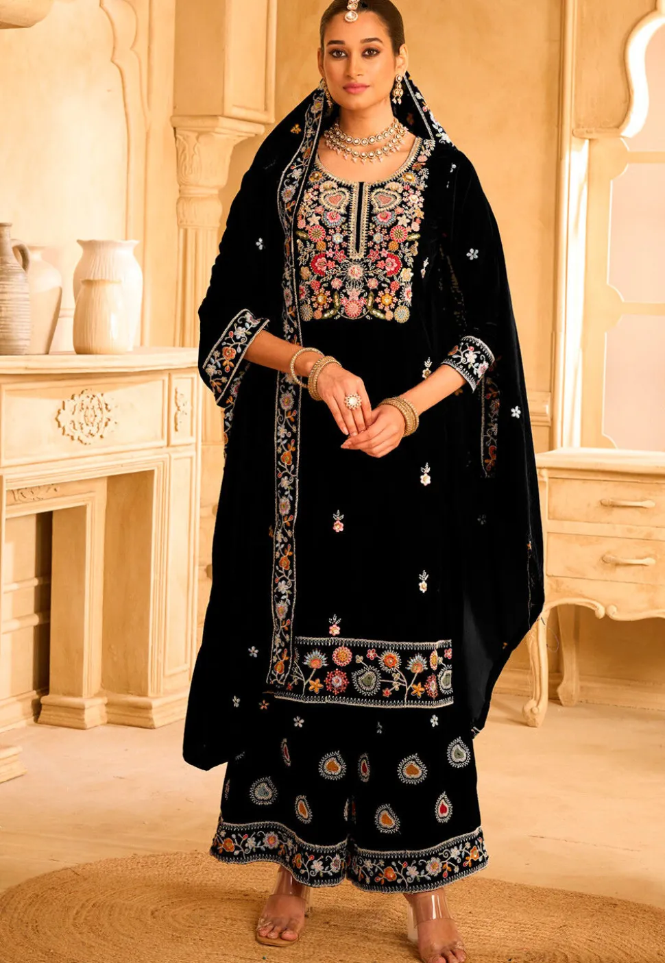 Embroidered Velvet Pakistani Suit in Black