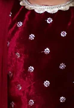 Embroidered Velvet Pakistani Suit in Maroon