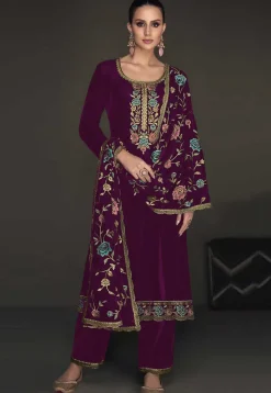 Embroidered Velvet Pakistani Suit in Purple