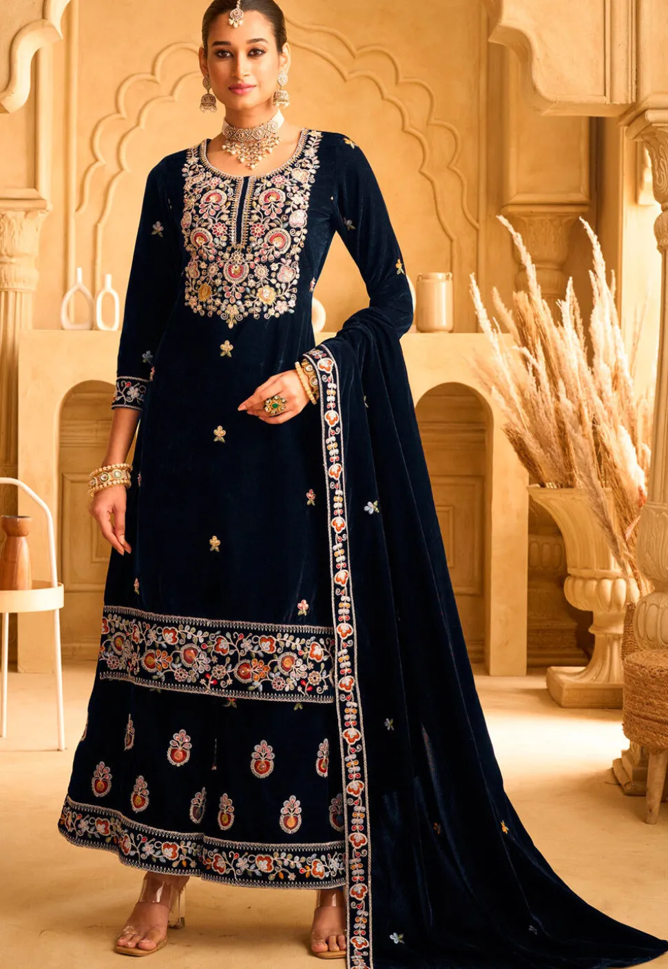 Embroidered Velvet Pakistani Suit in Navy Blue