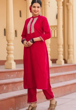 Embroidered Velvet Pakistani Suit in Fuchsia