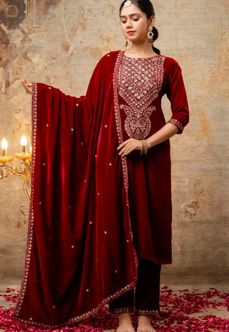 Embroidered Velvet Pakistani Suit in Maroon