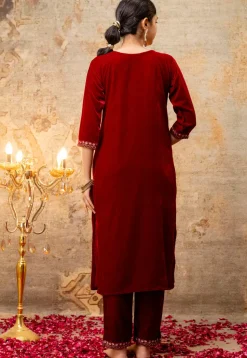 Embroidered Velvet Pakistani Suit in Maroon