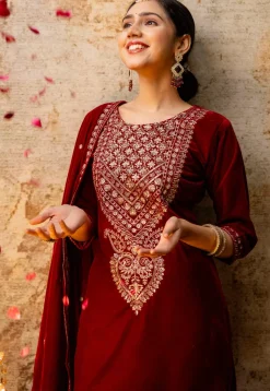 Embroidered Velvet Pakistani Suit in Maroon