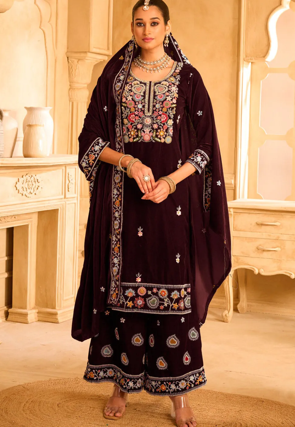 Embroidered Velvet Pakistani Suit in Wine