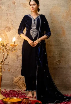 Embroidered Velvet Pakistani Suit in Navy Blue
