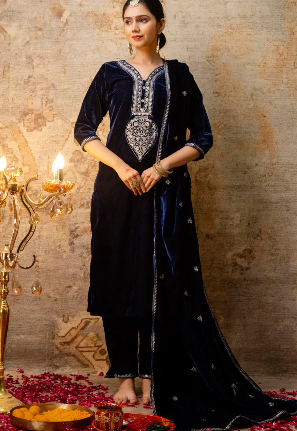 Embroidered Velvet Pakistani Suit in Navy Blue