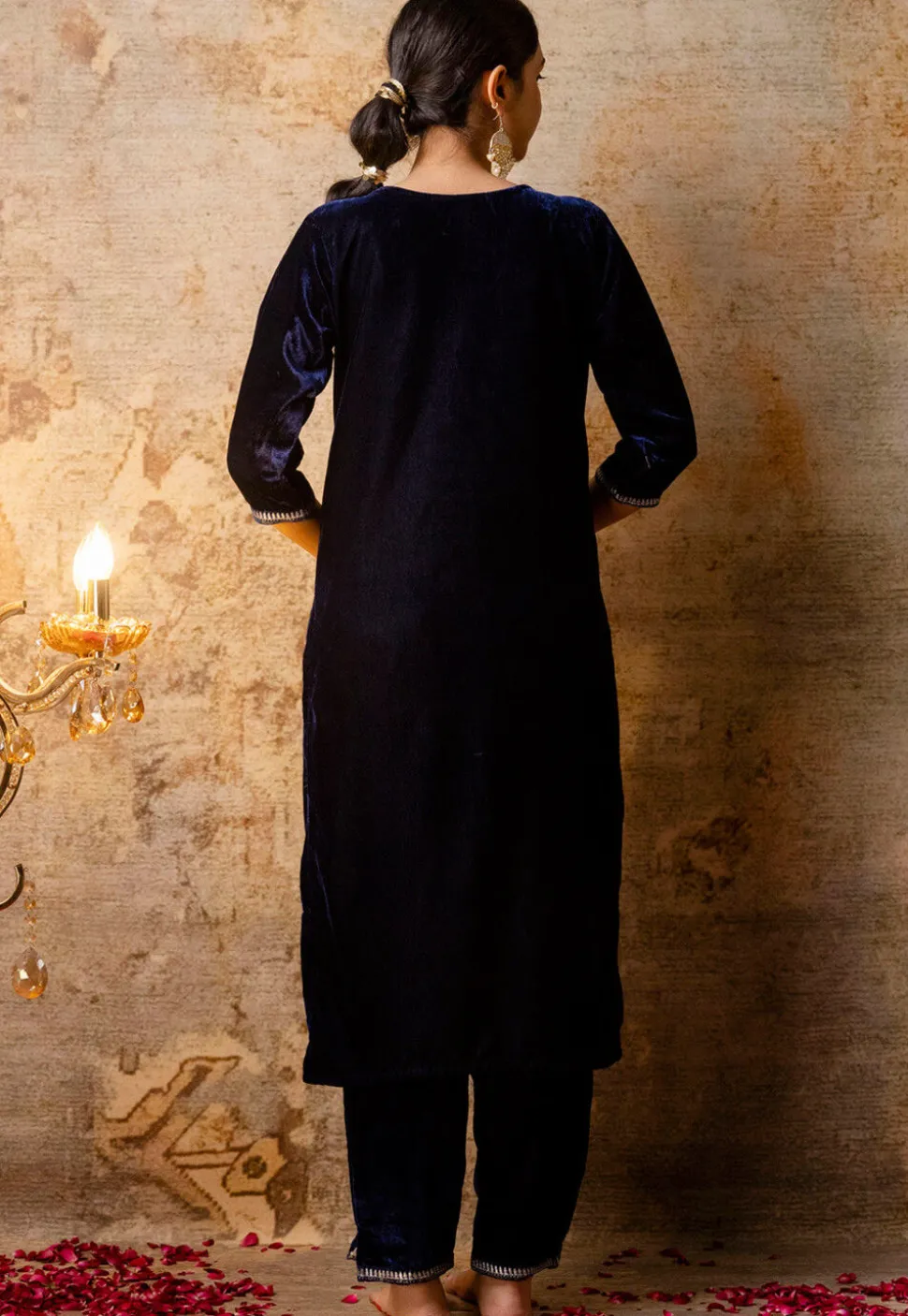 Embroidered Velvet Pakistani Suit in Navy Blue