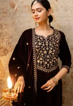 Embroidered Velvet Pakistani Suit in Purple