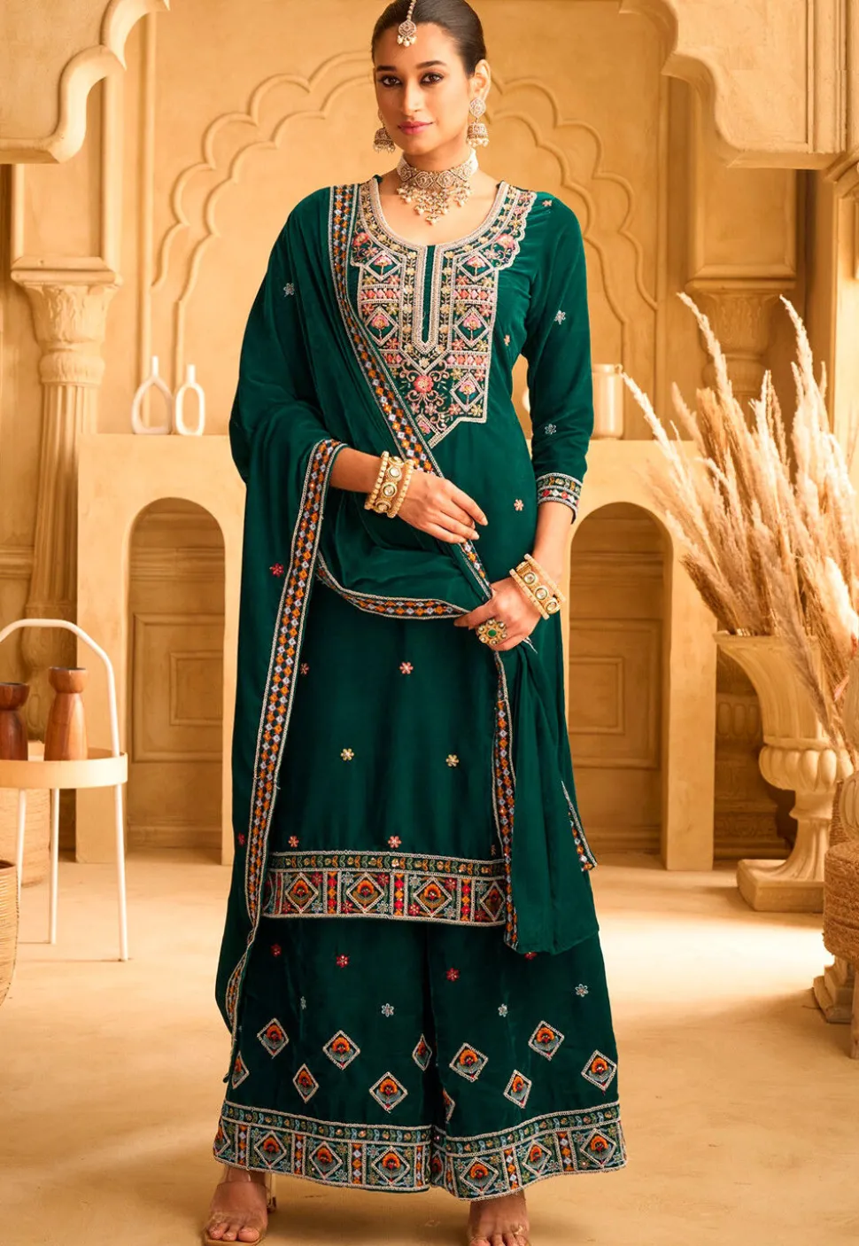 Embroidered Velvet Pakistani Suit in Teal Green