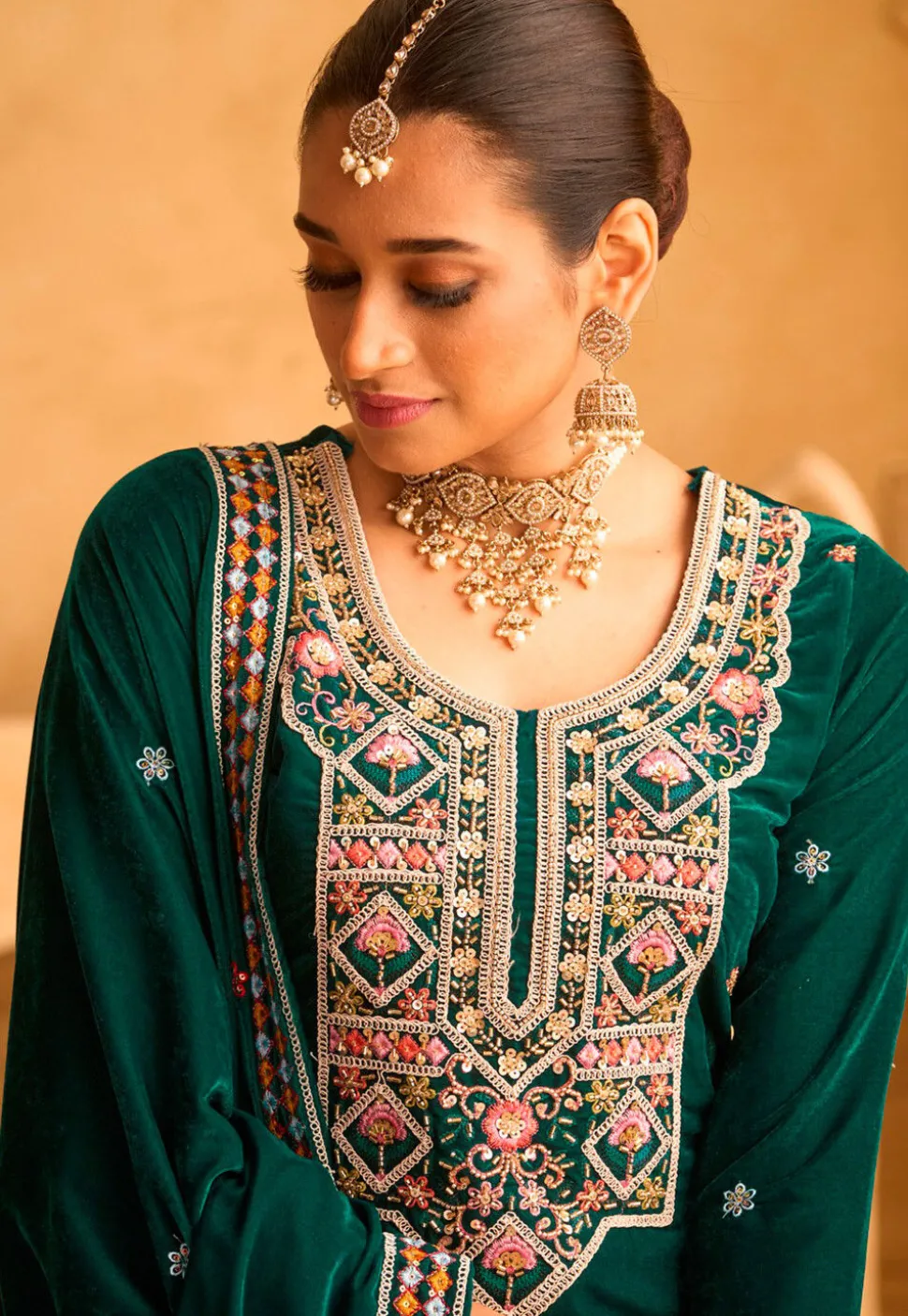 Embroidered Velvet Pakistani Suit in Teal Green