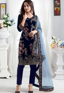 Embroidered Velvet Pakistani Suit in Navy Blue