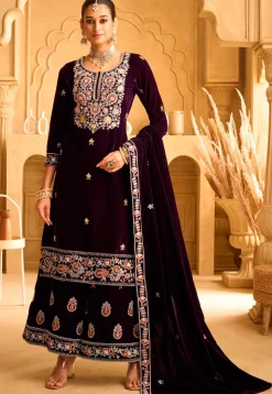 Embroidered Velvet Pakistani Suit in Purple