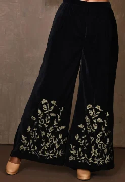 Embroidered Velvet Palazzo in Navy Blue