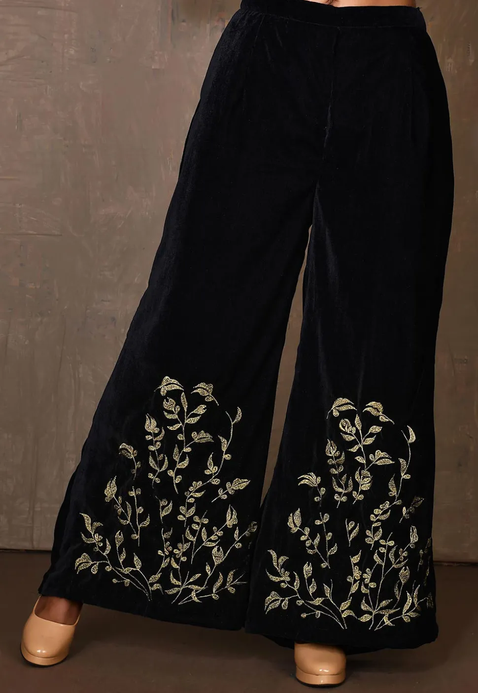 Embroidered Velvet Palazzo in Navy Blue