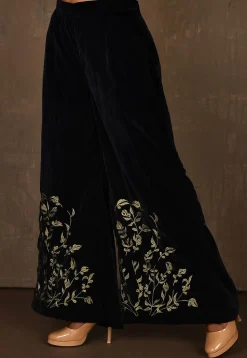Embroidered Velvet Palazzo in Navy Blue