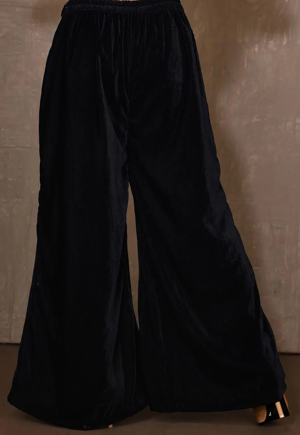 Embroidered Velvet Palazzo in Navy Blue