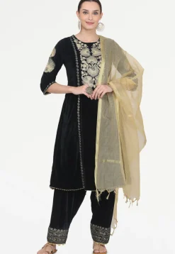 Embroidered Velvet Punjabi Suit in Black