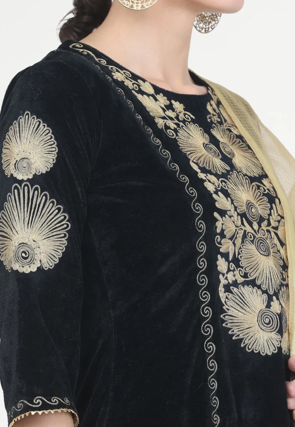Embroidered Velvet Punjabi Suit in Black
