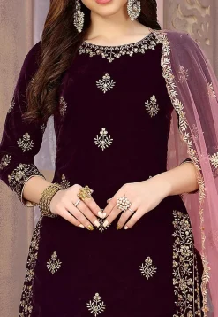 Embroidered Velvet Punjabi Suit in Wine