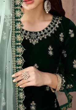 Embroidered Velvet Punjabi Suit in Dark Green