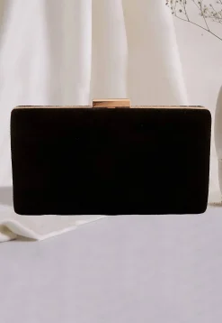 Embroidered Velvet Rectangular Clutch Bag in Black