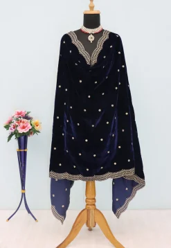 Embroidered Velvet Scalloped Dupatta in Navy Blue